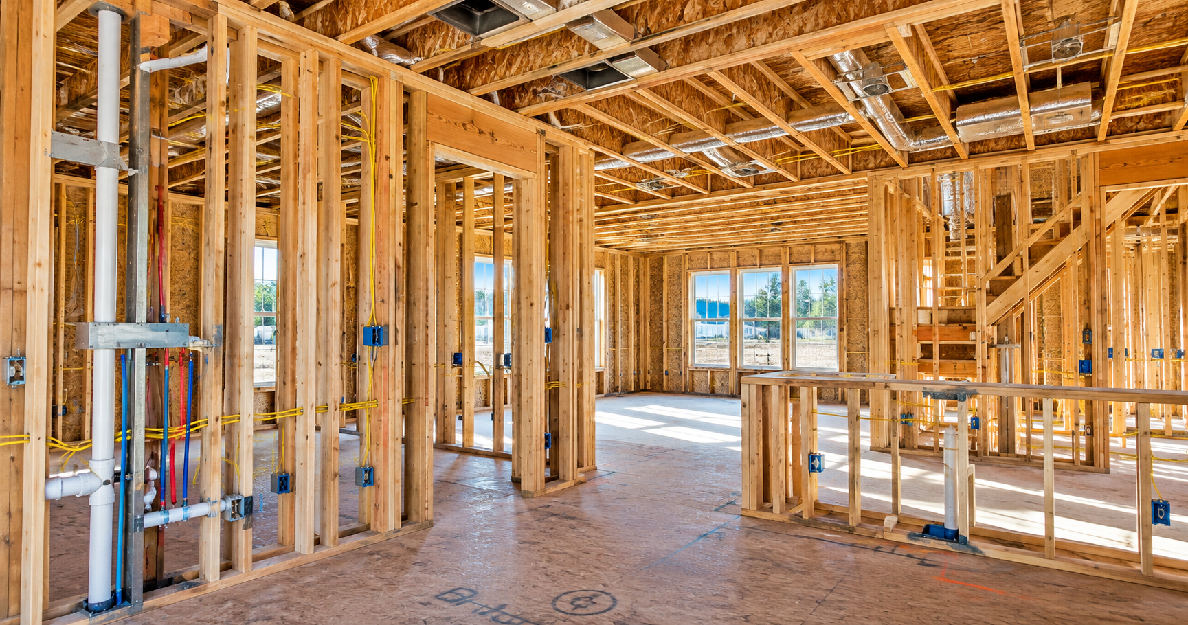 New construction home showing exposed framing, electrical wiring, plumbing and HVAC systems before drywall installation.