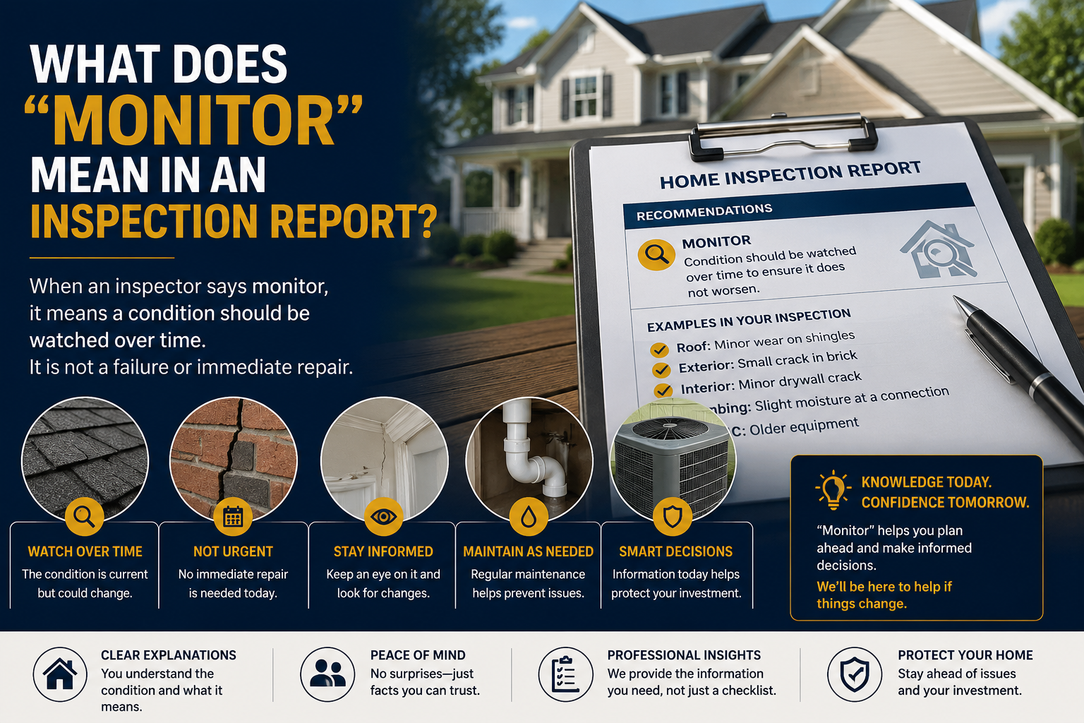 Close-up view of a home inspector writing a monitor notation on an inspection report form