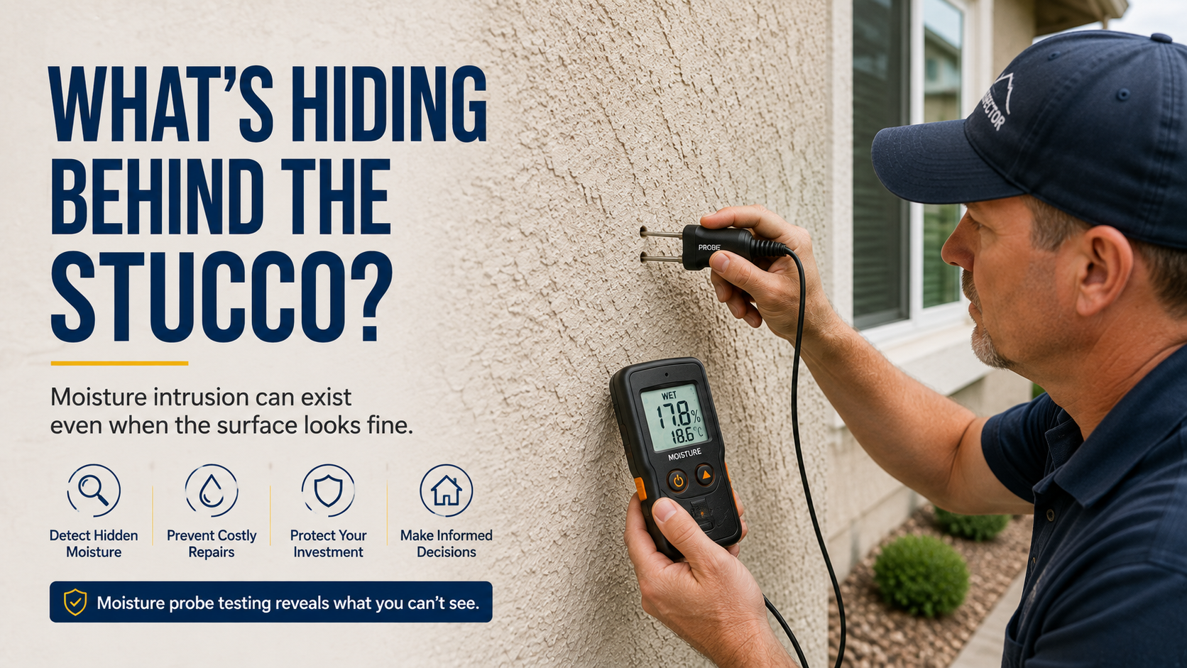 Inspector using a calibrated moisture probe meter on a stucco exterior wall surface